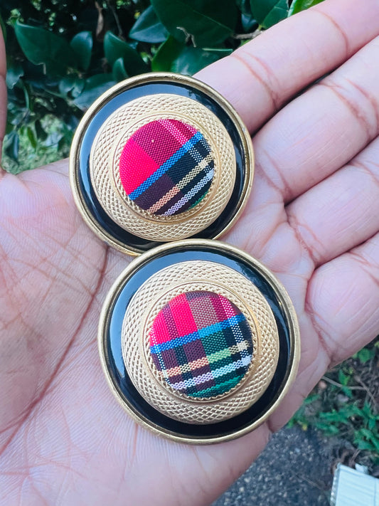 Vintage black and gold plaid clip on earrings