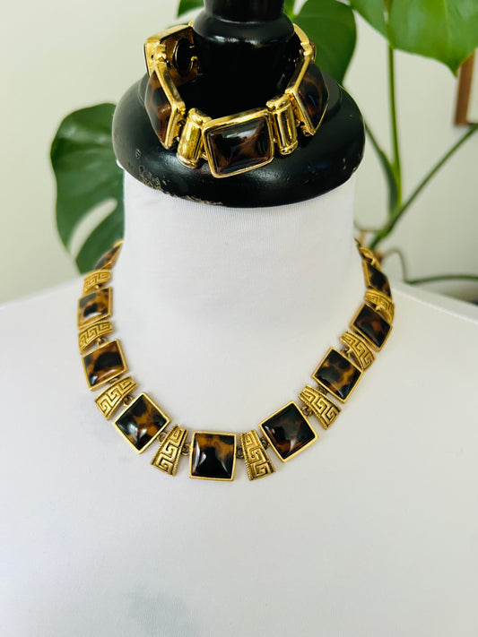 Vintage gold and animal print necklace bracelet set