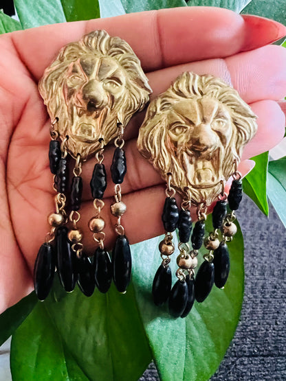 Vintage lions, head, black, and gold hanging pierced earrings