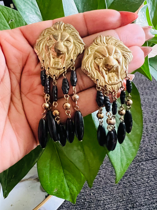 Vintage lions, head, black, and gold hanging pierced earrings