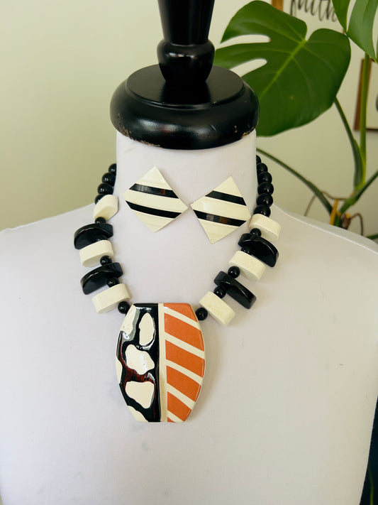 Glass cream, black and orange vintage beaded set